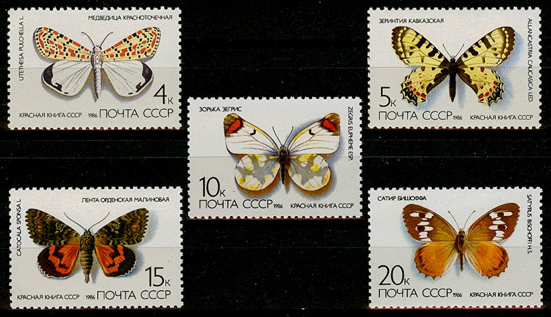 5636-5640. СССР 1986 год. Бабочки, занесенные в Красную книгу СССР