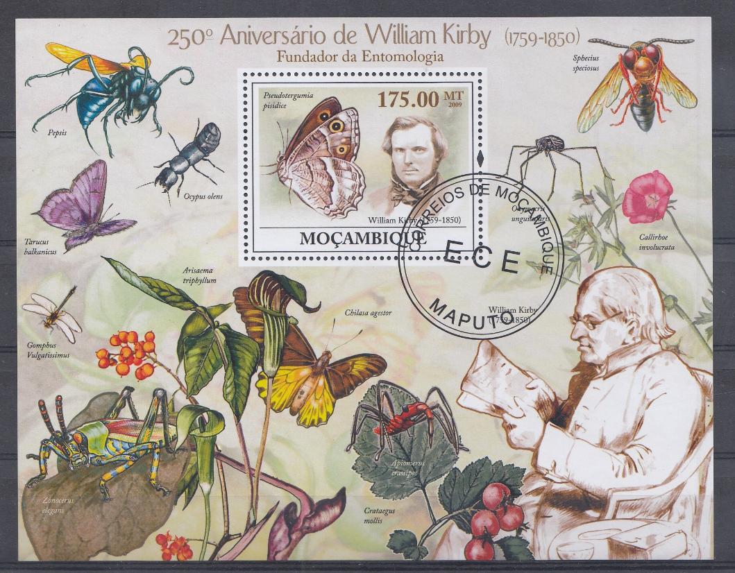 Мозамбик 2009 год. Бабочки и насекомые. 250 лет А. де Ульяма  Кирби (1759- 1850).