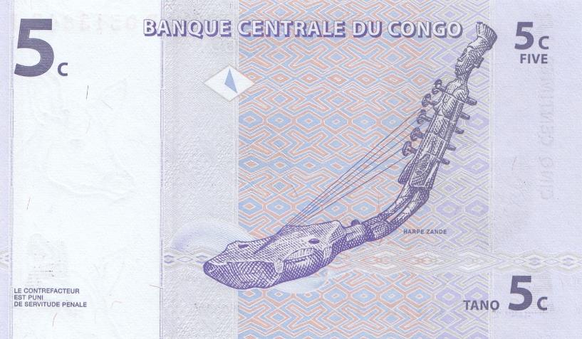 Банкнота 5 с. Конго 1997 год. Маска. Музыкальный инструмент.