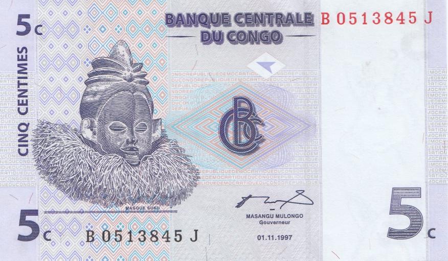 Банкнота 5 с. Конго 1997 год. Маска. Музыкальный инструмент.