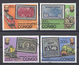 Паровозы и локомотивы XX века. Конго 1979 год. Марки на марках.