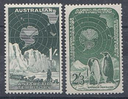 1959 год Австралия. Австралийские  антарктические территории. Карта Антарктиды. Пингвины. 